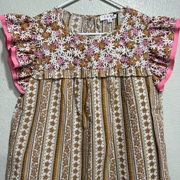 New THML Floral Cottage Short Sleeve Ruffle Cotton Top Size Medium - Picture 4 of 12
